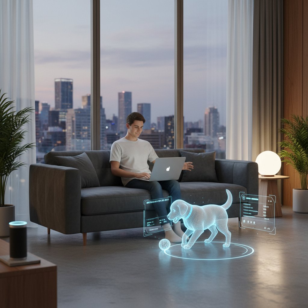 Osoba siedząca samotnie w nowoczesnym mieszkaniu z laptopem, na ekranie wirtualny pies