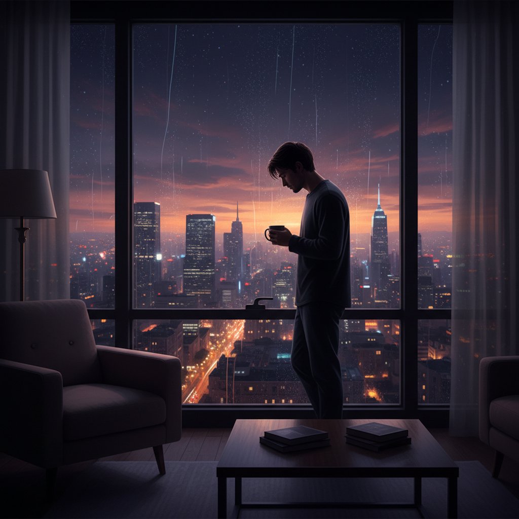 Osoba siedząca samotnie przy oknie, patrząca na miasto nocą, symbolizująca samotność mimo rozmów online