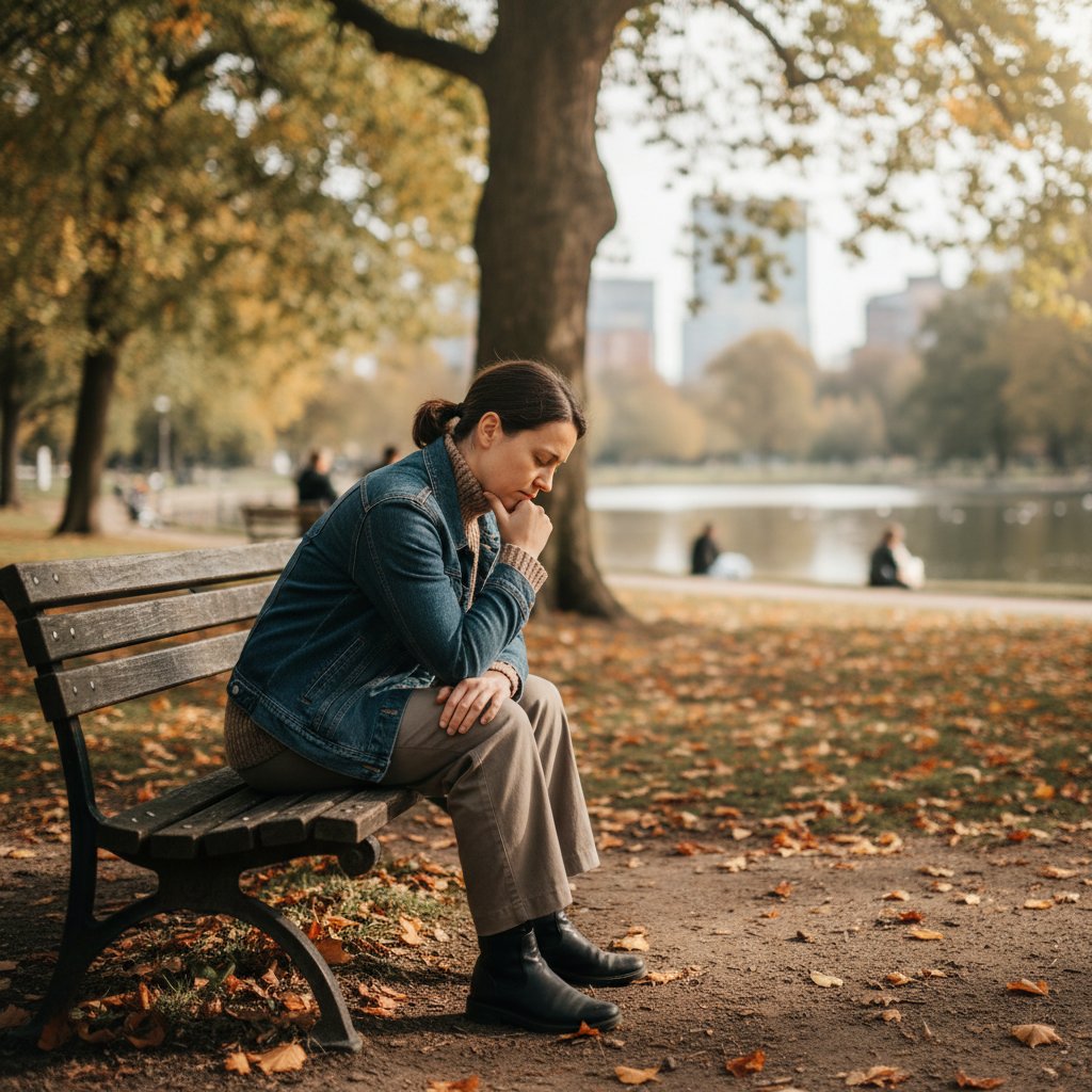 Zdjęcie osoby siedzącej samotnie w parku, zamyślona, głowa oparta na rękach – wizualizacja przetwarzania emocji