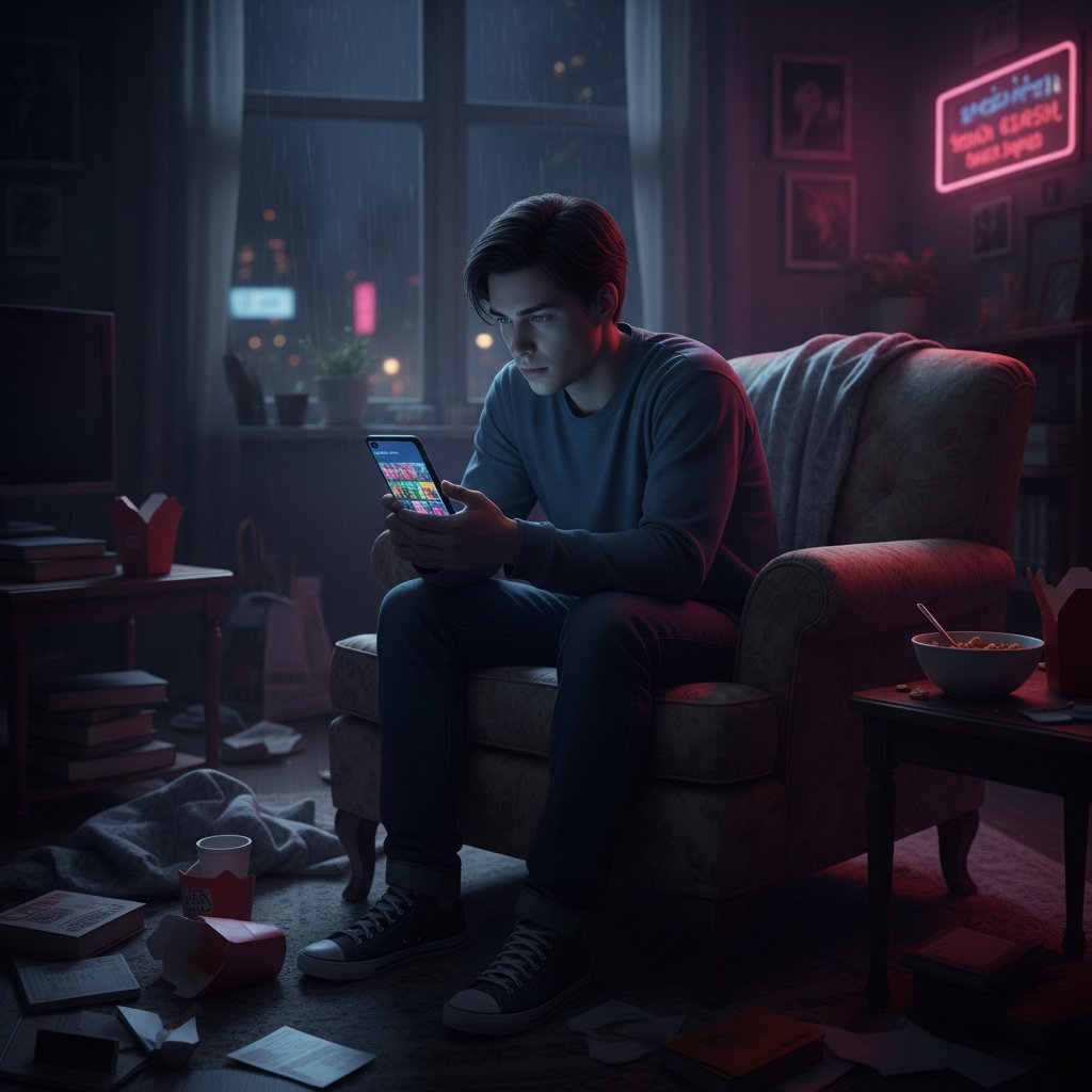 Osoba samotnie przeglądająca telefon, wokół ekranów z mediami społecznościowymi, atmosfera pustki