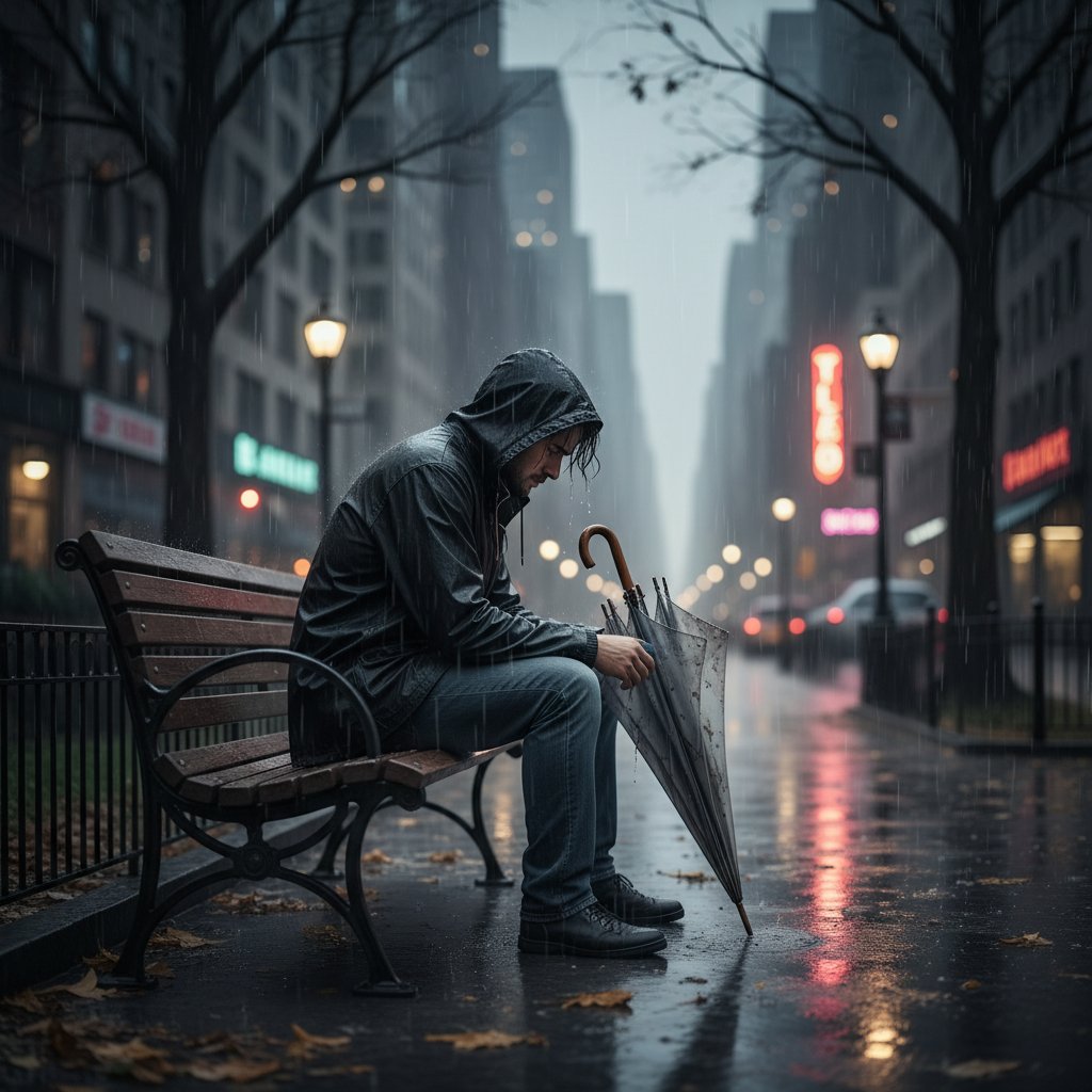 Osoba siedząca samotnie na ławce w deszczowy wieczór, z zamyślonym spojrzeniem, samotność po rozstaniu