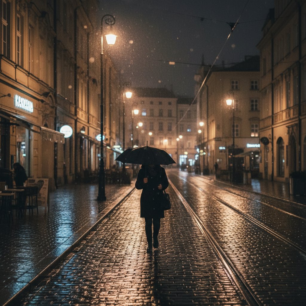 Osoba samotnie idąca ulicą w deszczowy wieczór, światła miasta odbijające się od mokrego chodnika – atmosfera polskiego miasta