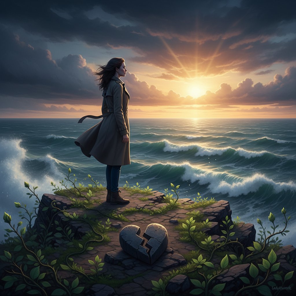 Person reflecting after a breakup, symbolizing growth, moody room, first breakup recovery