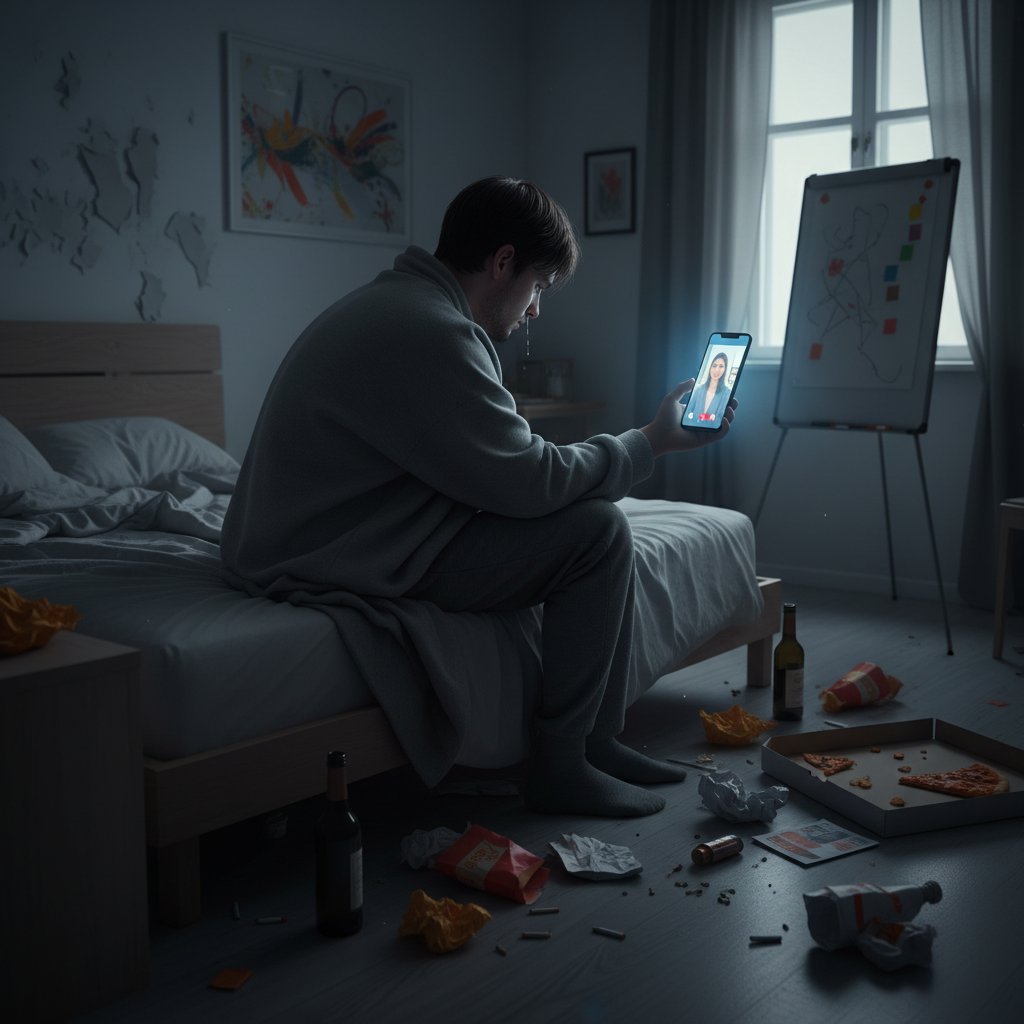 Osoba siedząca samotnie po nawrocie, emocjonalna scena, psychoterapia uzależnień