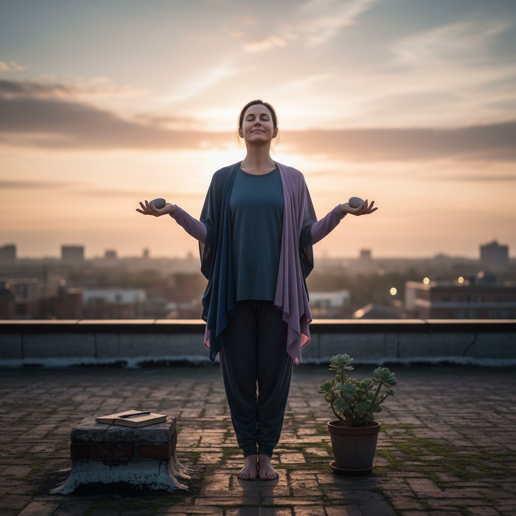 Samotna osoba odetchnie z ulgą na miejskim dachu o świcie, symbolizująca wyzwolenie i wewnętrzny spokój po pracy z umiejętnościami DBT