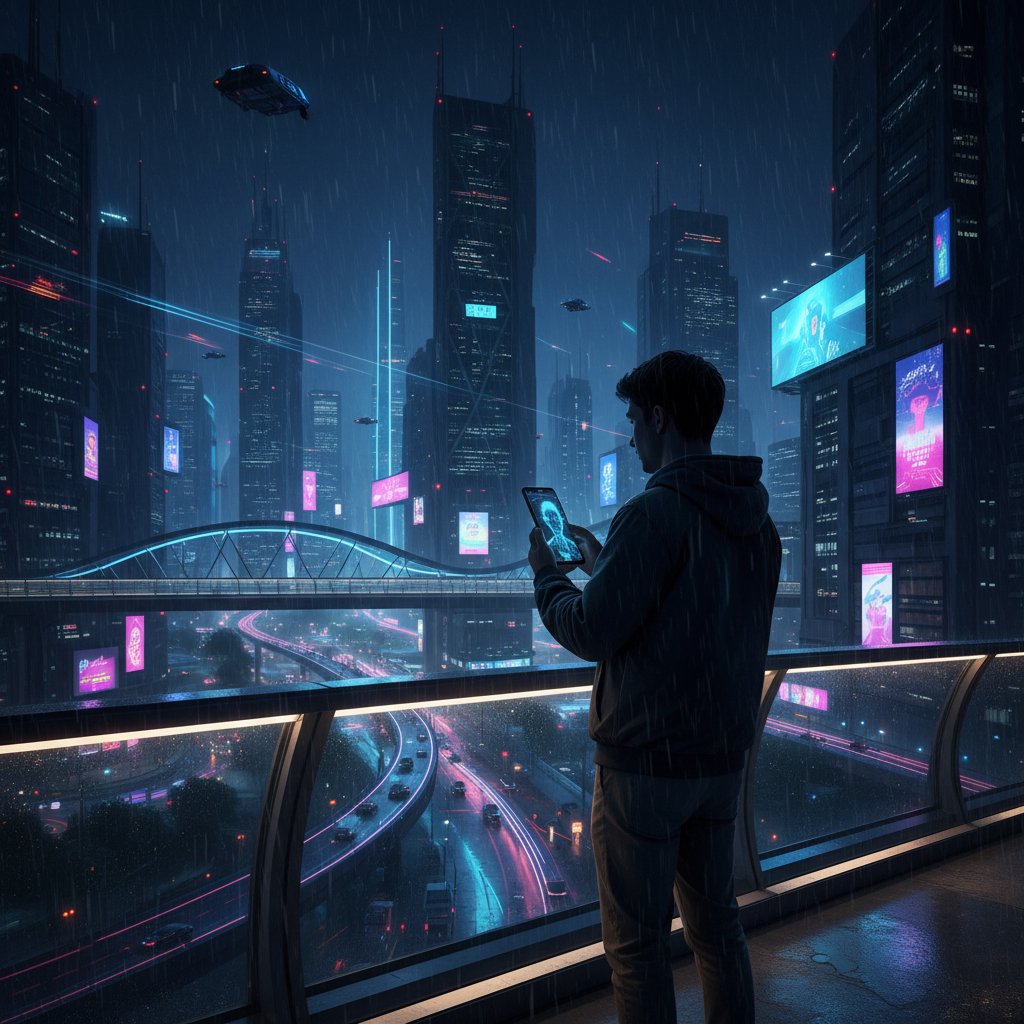 Junge Person allein mit Smartphone, emotional verbunden mit dem KI-Avatar, im Hintergrund unscharfe Lichter einer nächtlichen Stadt.