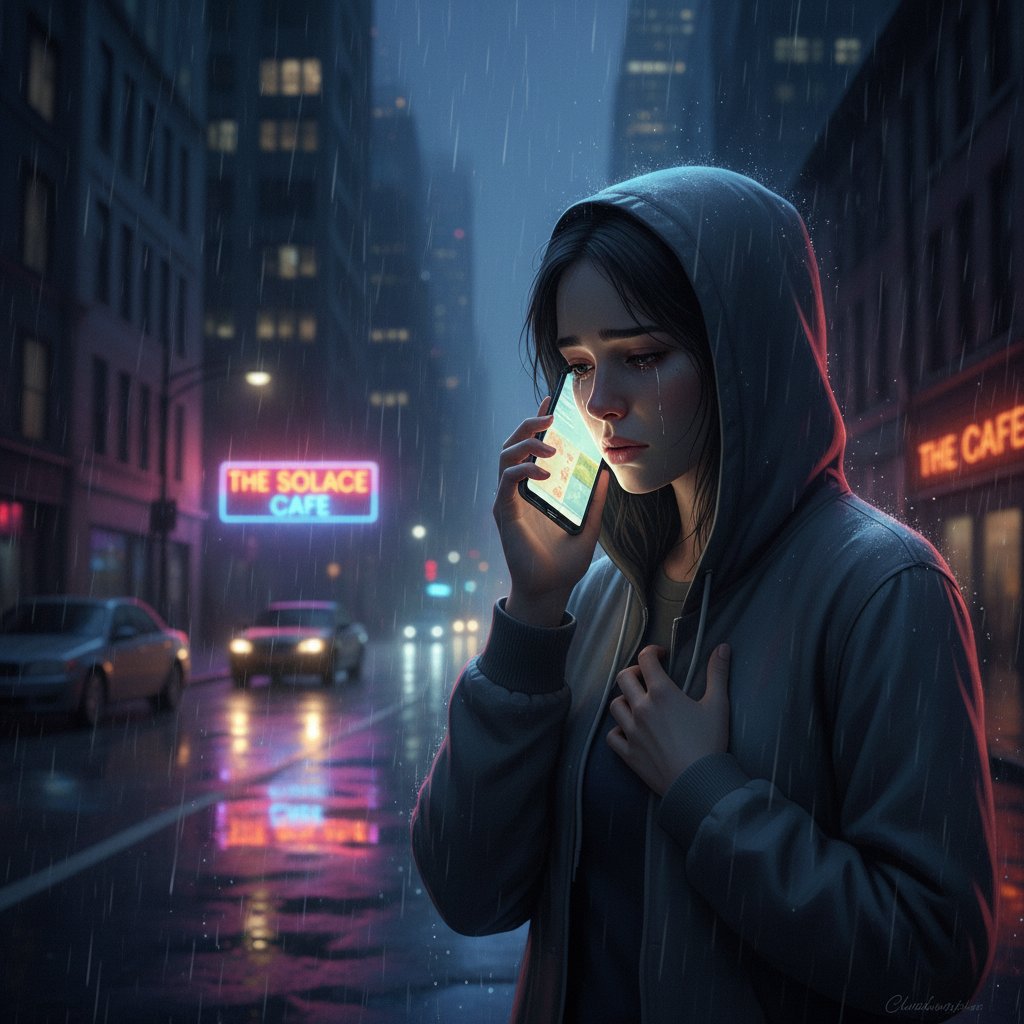 Person sitzt allein mit Smartphone und sucht nach Verbundenheit durch KI-Begleiterin