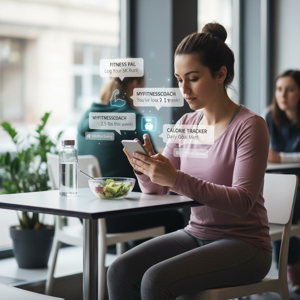 Osoba samotnie patrząca na ekran smartfona, przytłoczona powiadomieniami aplikacji odchudzających