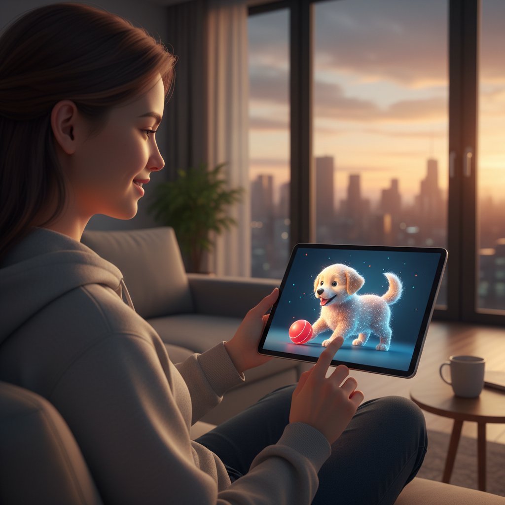 Osoba siedząca samotnie z tabletem, na ekranie wyświetlony wirtualny pies, brak prawdziwego kontaktu fizycznego