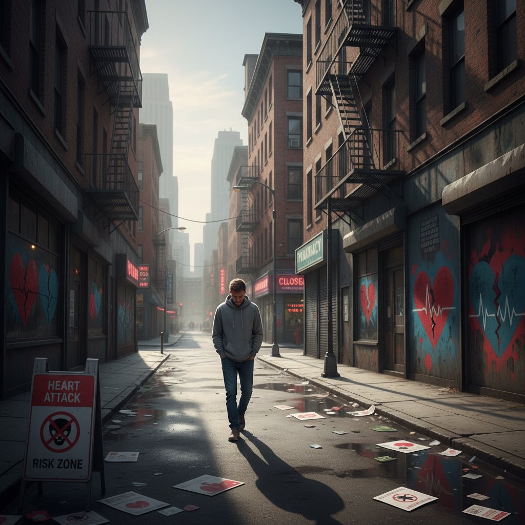 Zdjęcie osoby stojącej samotnie na blokowisku, symbolizujące ukryte zagrożenia serca