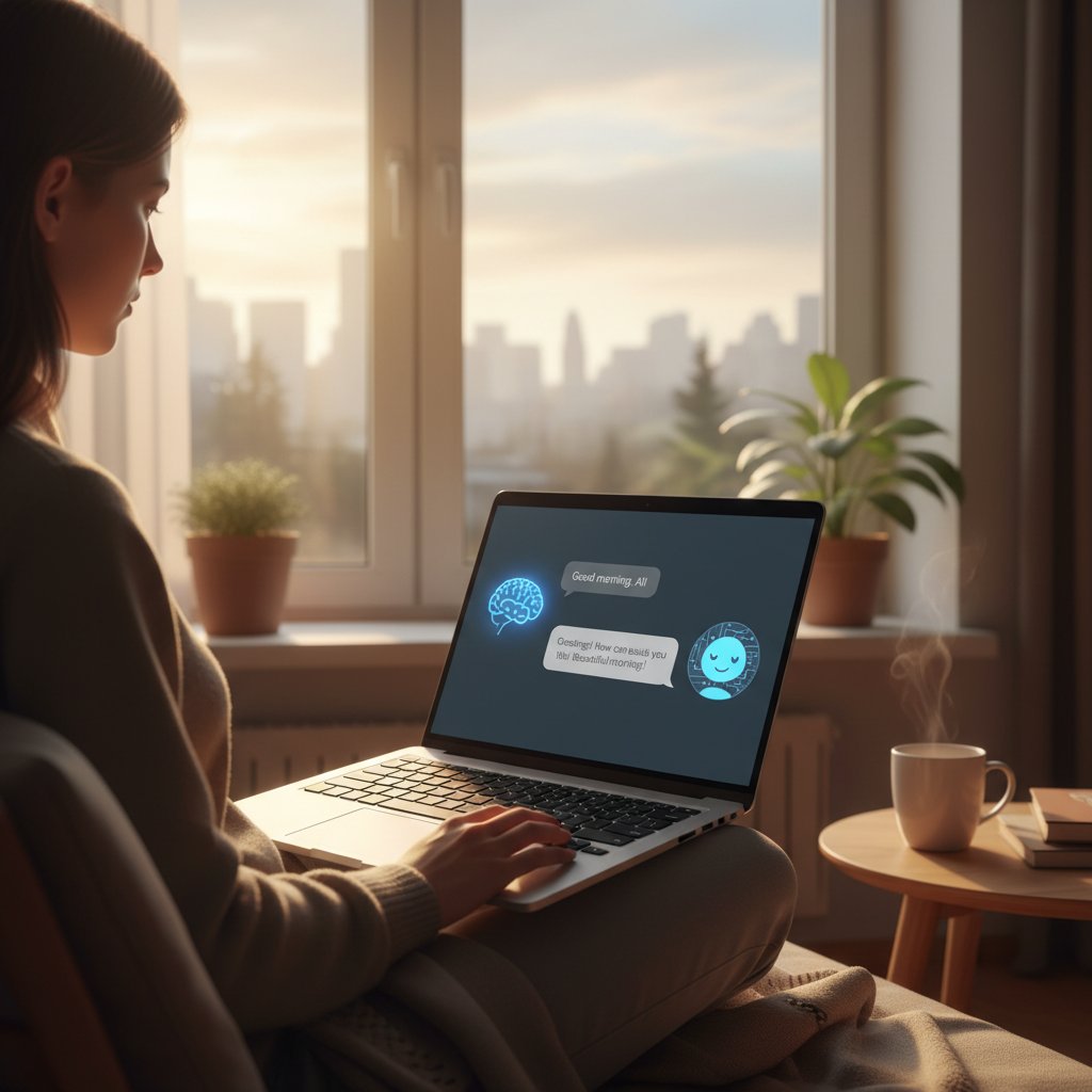Samotna osoba przy oknie z laptopem, rozmowa z AI, na ekranie uśmiechnięta postać chatbota, światło poranka
