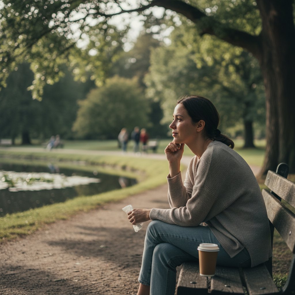 Osoba siedząca samotnie po sesji terapii, z zamyśleniem, symbolizująca trudne emocje