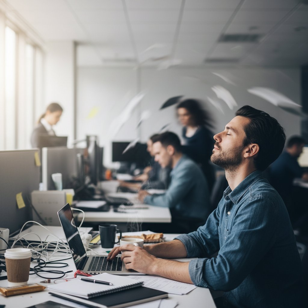 Osoba przy biurku z zamkniętymi oczami, rozmyte tło biurowego chaosu, ćwiczenie mindfulness
