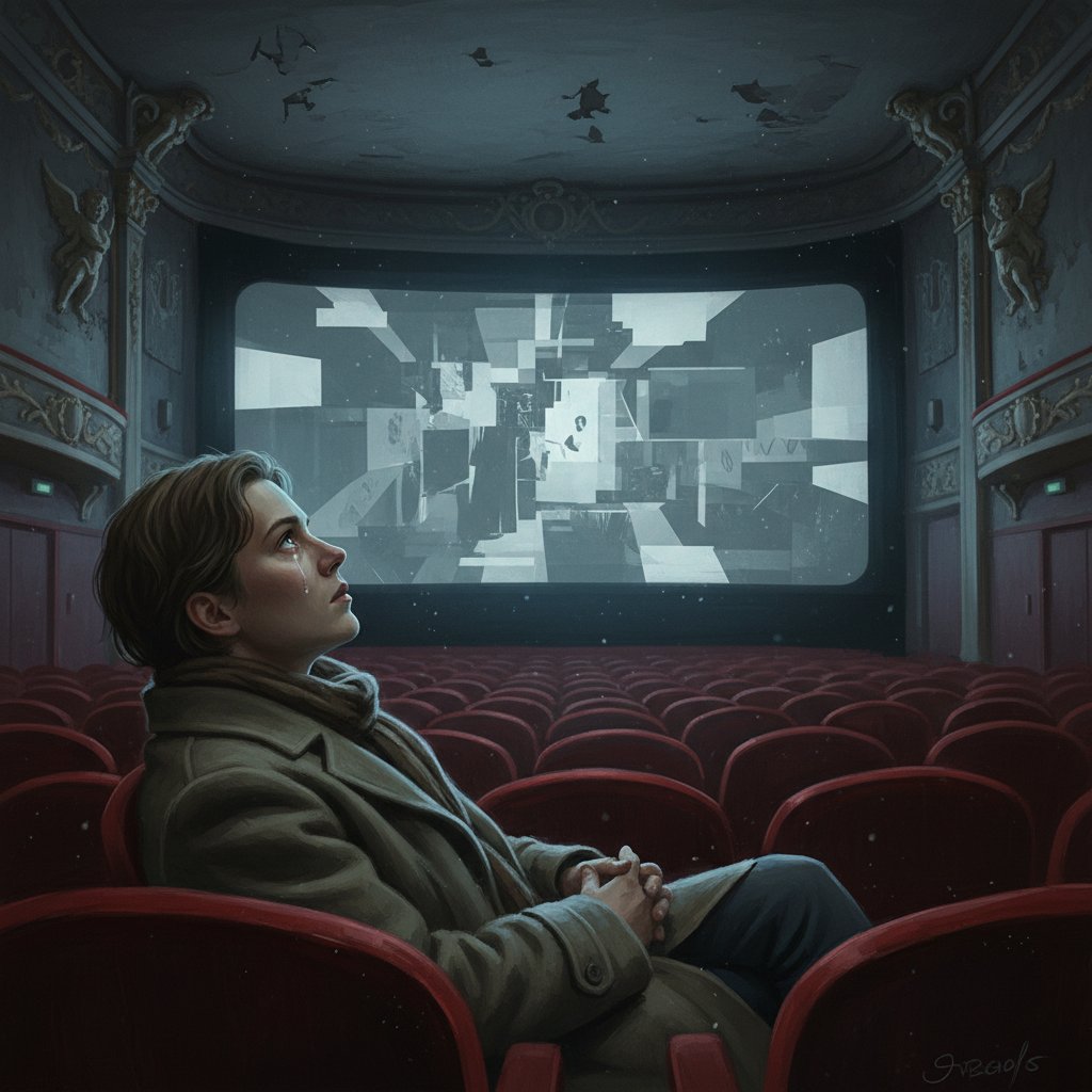 Person sitting alone in a dark cinema, visibly moved during a poignant art house film