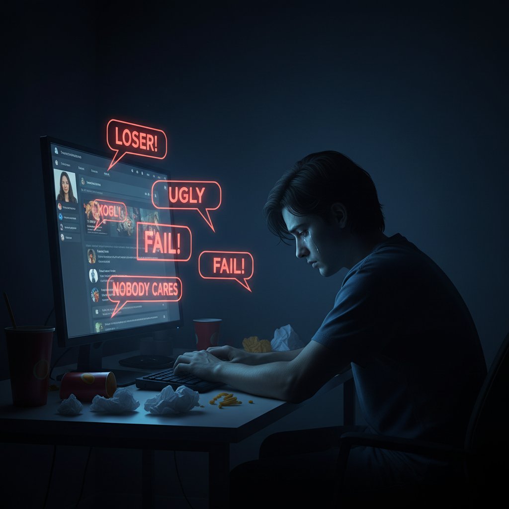 Osoba siedząca samotnie przy komputerze, otoczona negatywnymi komentarzami online