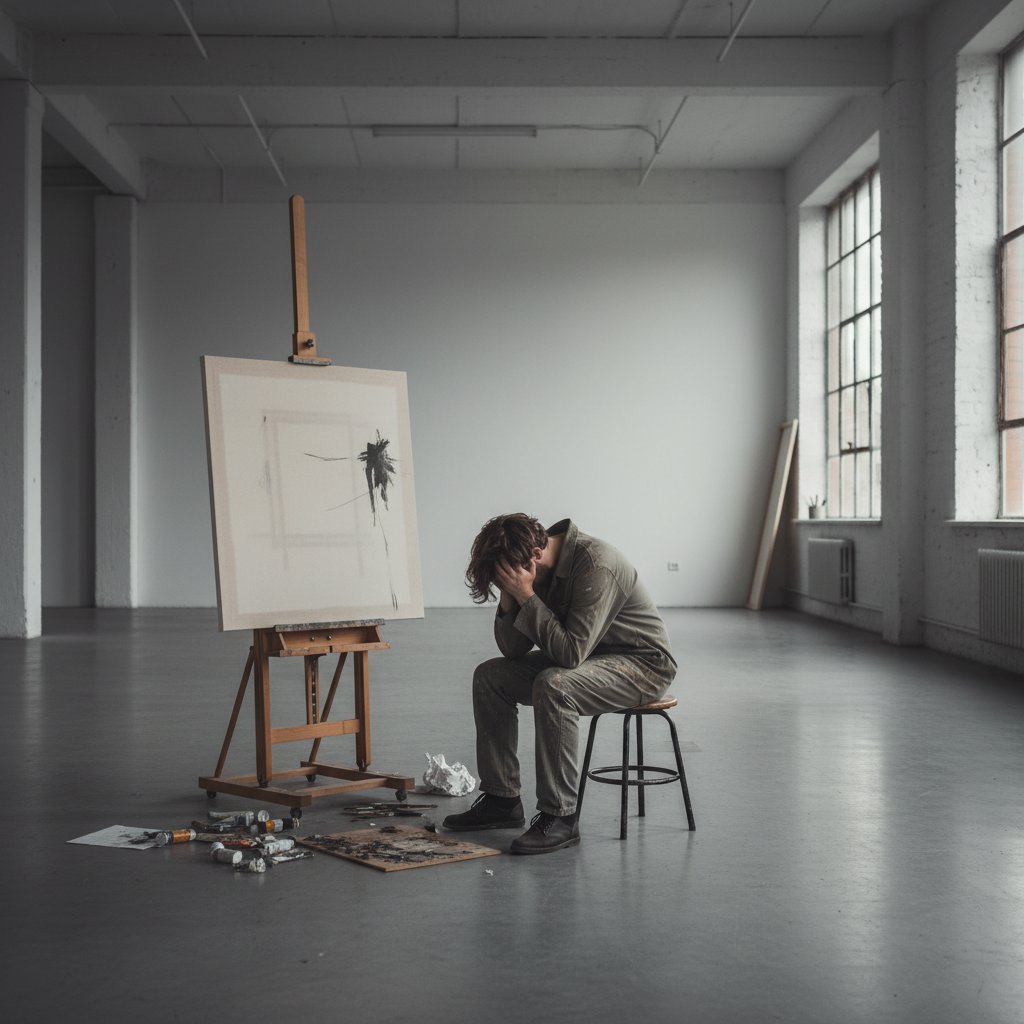 Osoba zmagająca się z terapią kreatywną, frustracja i niedokończone płótno w pustym studiu