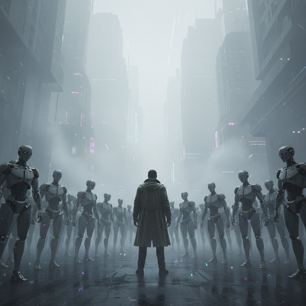 Człowiek zagubiony w tłumie robotów – samotność w zautomatyzowanym świecie