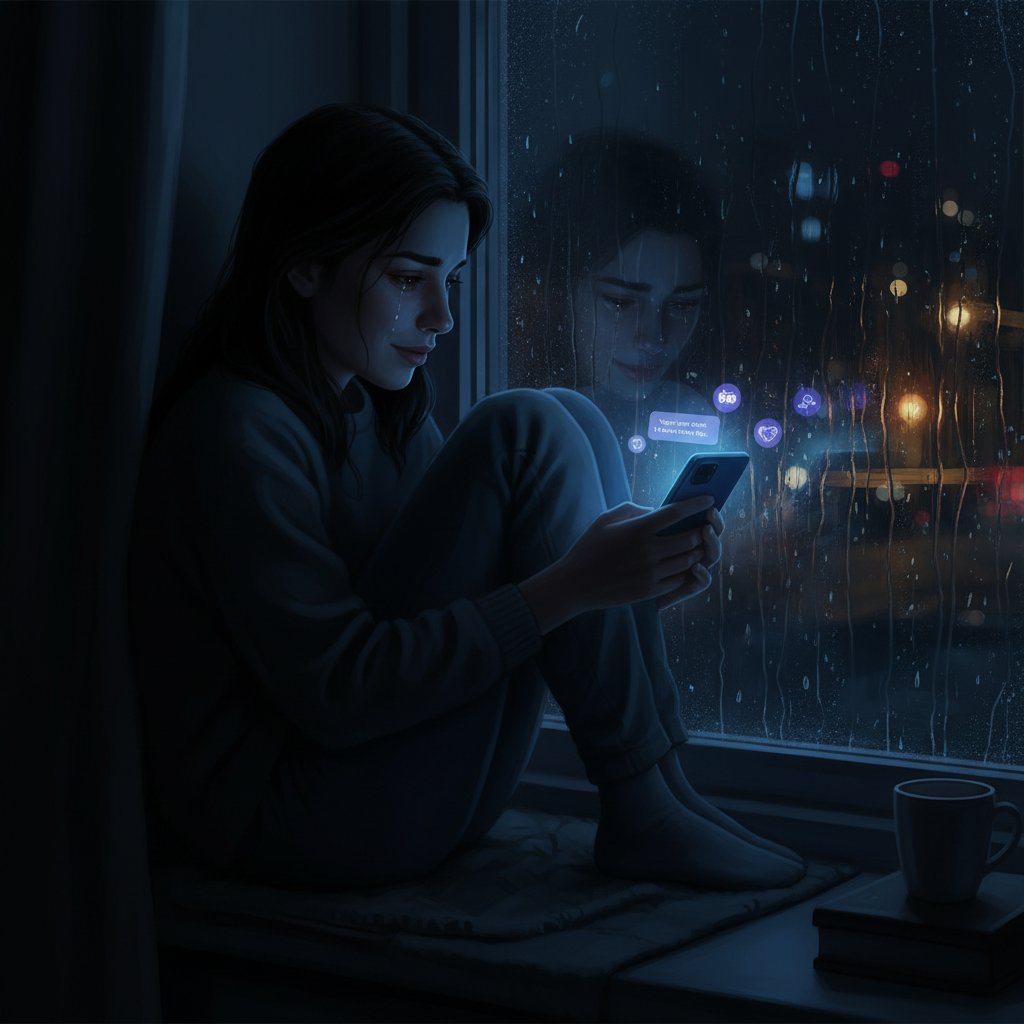 A person alone at night illuminated by a phone screen, digital connection versus loneliness, emotional support crisis
