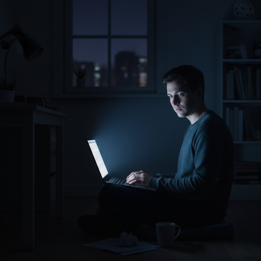 Osoba siedząca samotnie w nocy, oświetlona blaskiem ekranu laptopa, symbolizująca samotność i relaks przez rozmowy online