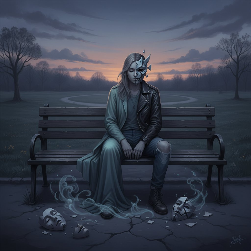 Osoba siedząca samotnie na ławce w parku o zmierzchu, zamyślona, symbol konfliktu tożsamości