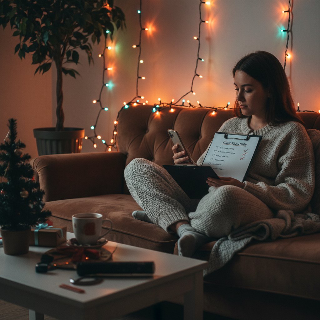 Samotna osoba na kanapie, świąteczne światła, telefon w ręku, lista rzeczy do zrobienia