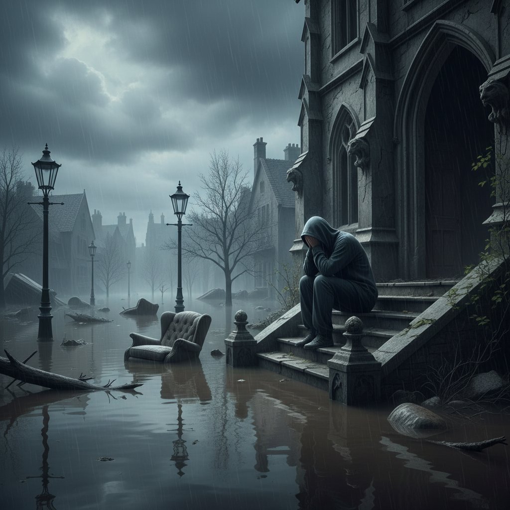 Osoba siedząca samotnie na schodach w zalanym domu, twarz ukryta w dłoniach, atmosfera smutku