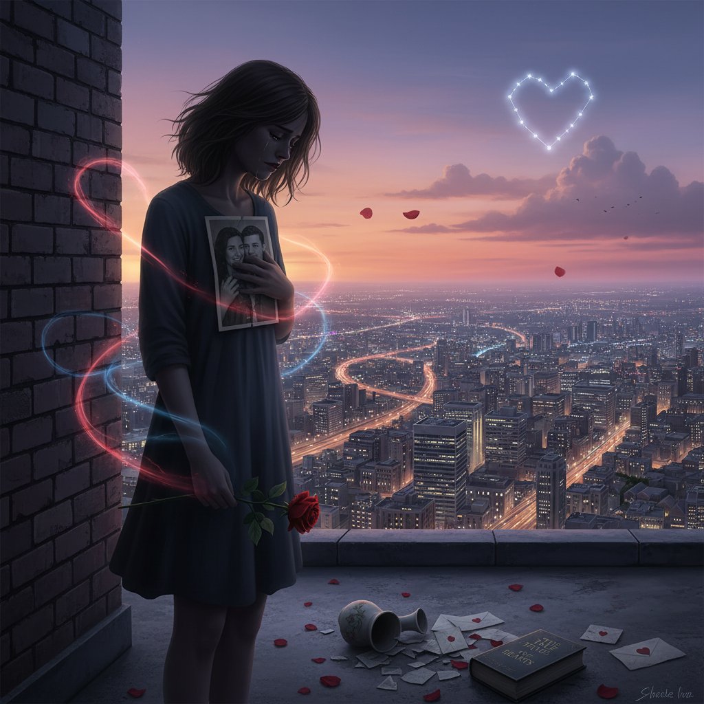 Osoba siedząca samotnie na dachu miasta o zmierzchu, trzymająca telefon z konfliktem emocjonalnym na twarzy, symbolizująca ból po zakochaniu