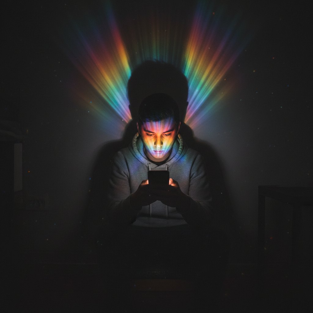 Osoba samotna z telefonem, odbicie tęczy – zagrożenia technologiczne