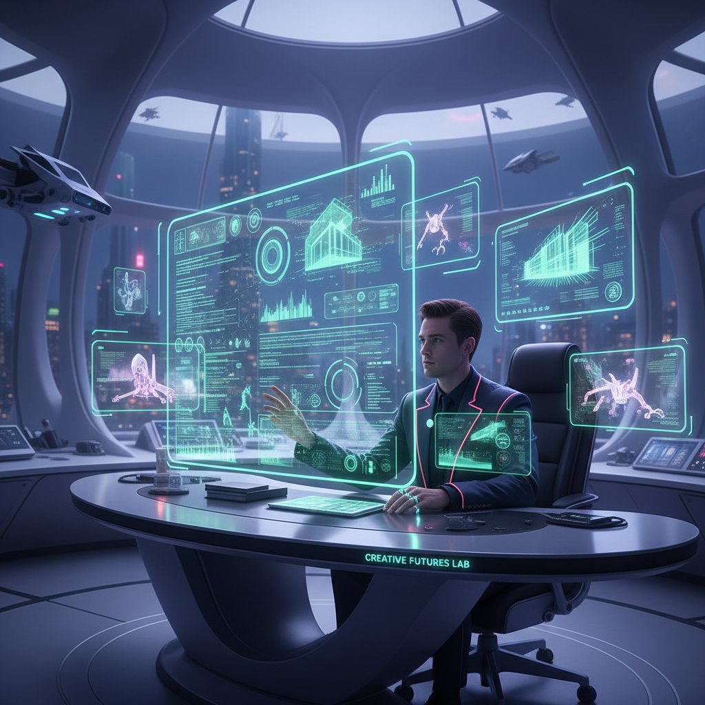 Osoba analizująca raporty AI na ekranie, kreatywne studio przyszłości