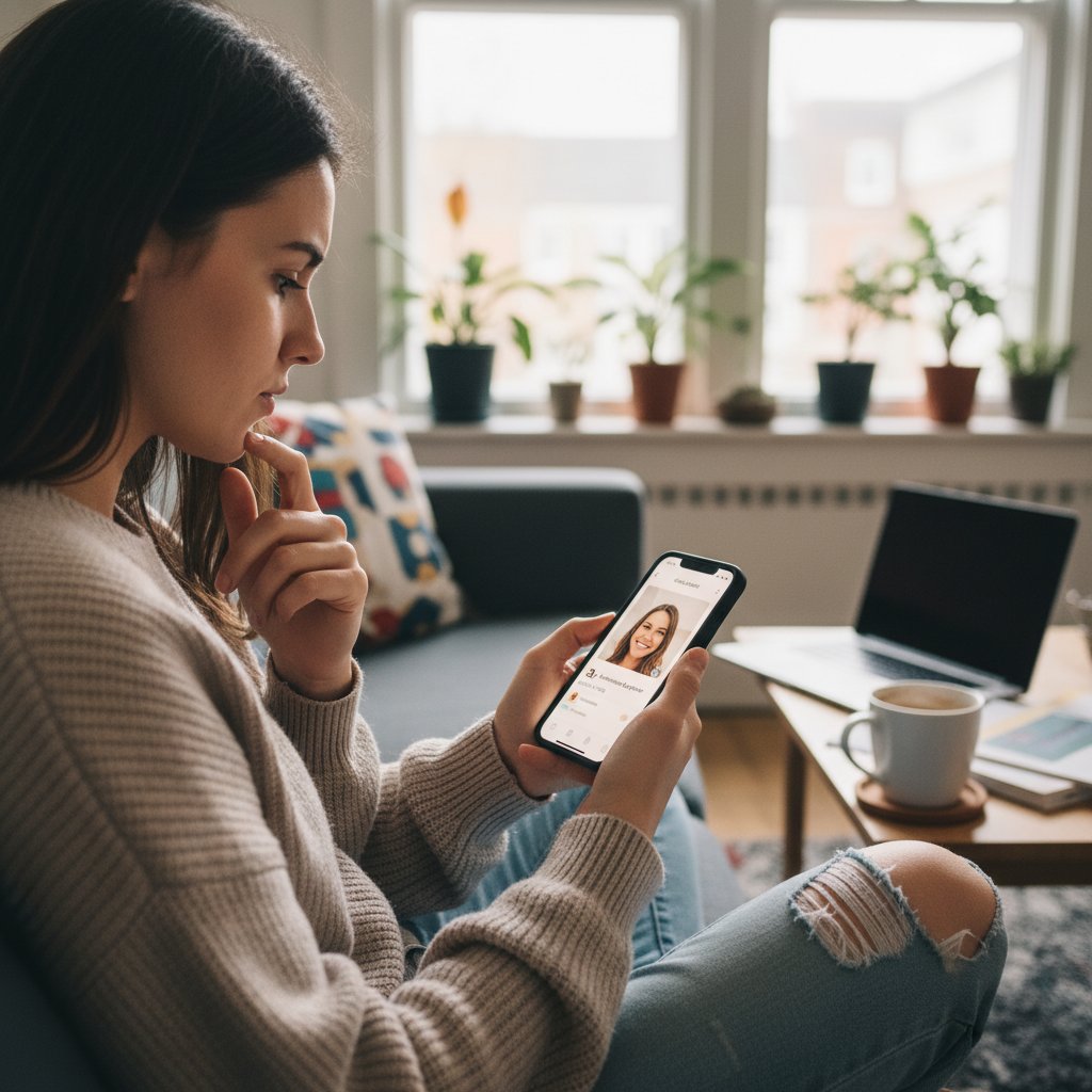 Osoba analizująca profil w aplikacji randkowej, skupienie