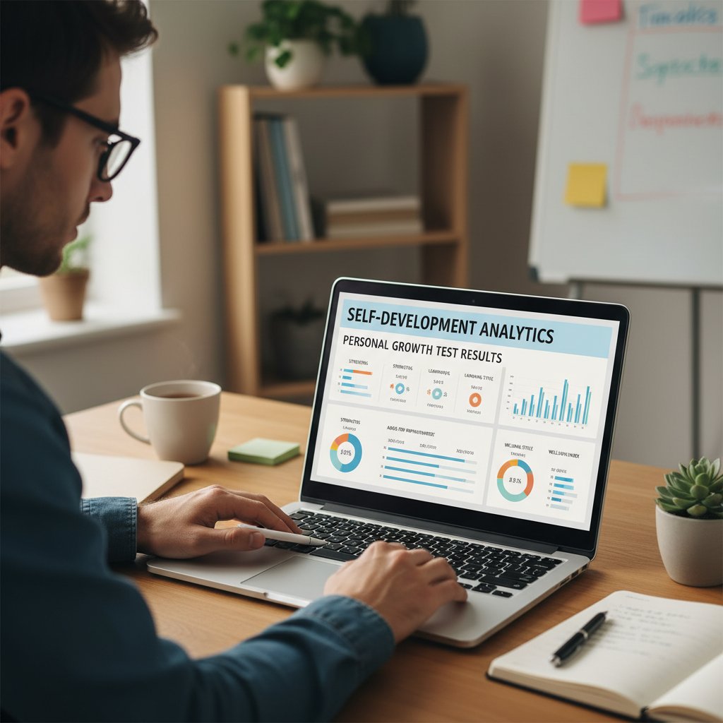 Osoba analizująca wyniki testu kompetencji na laptopie, autoanaliza i rozwój