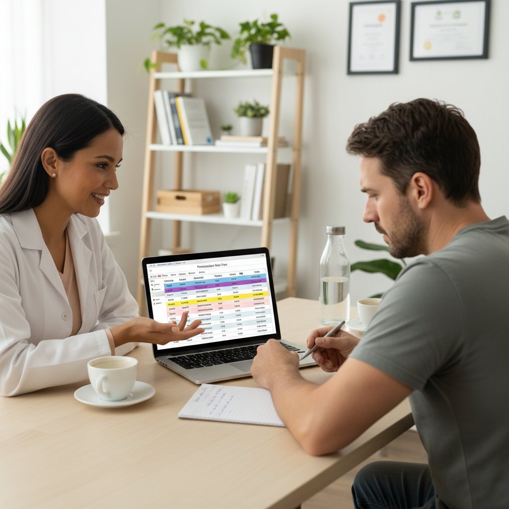 Symboliczne zdjęcie: osoba analizująca plan żywieniowy na laptopie, obok dietetyk prowadzący konsultację twarzą w twarz