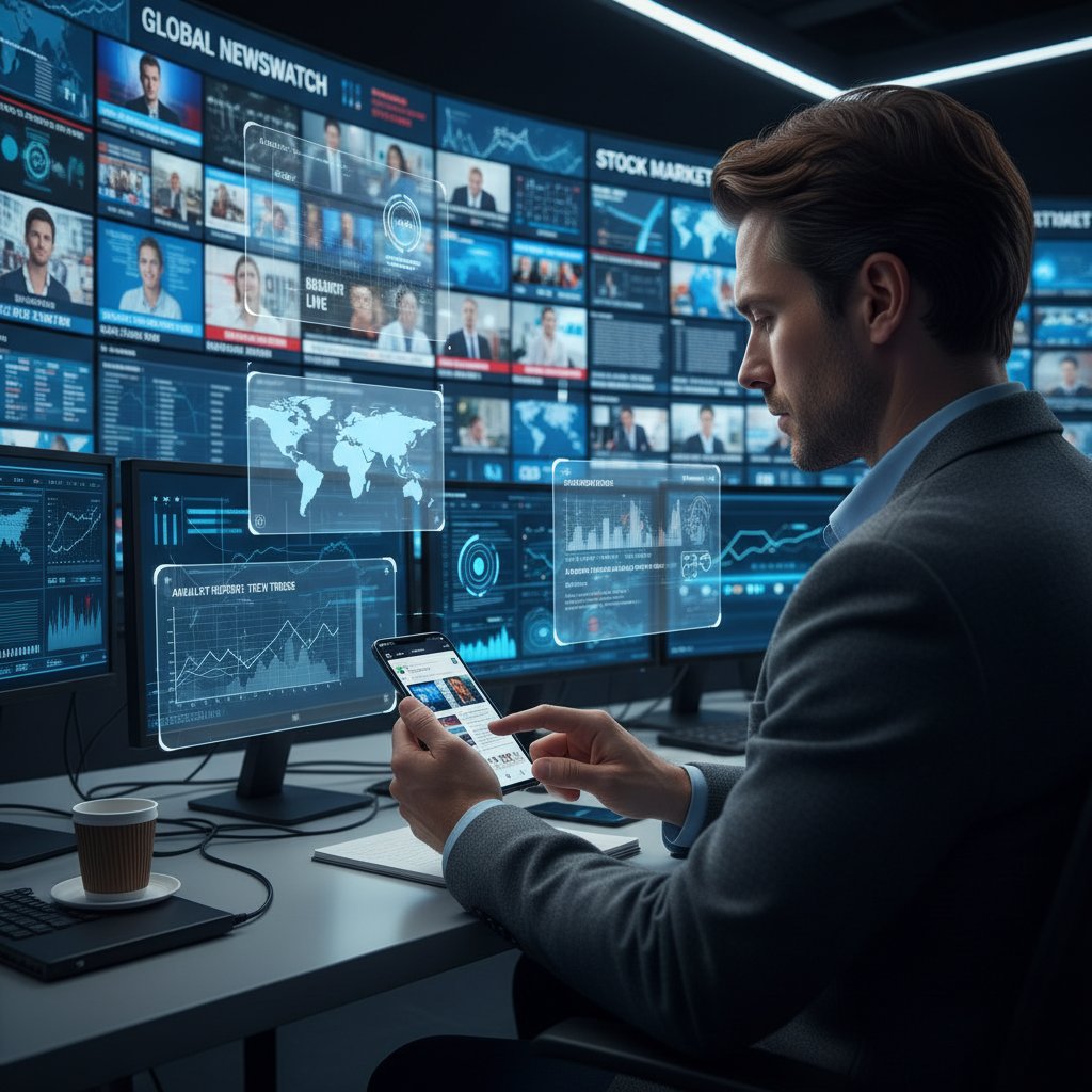 Osoba analizująca wiadomości na smartfonie otoczona przez cyfrowe ekrany – krytyczne myślenie w świecie fake newsów