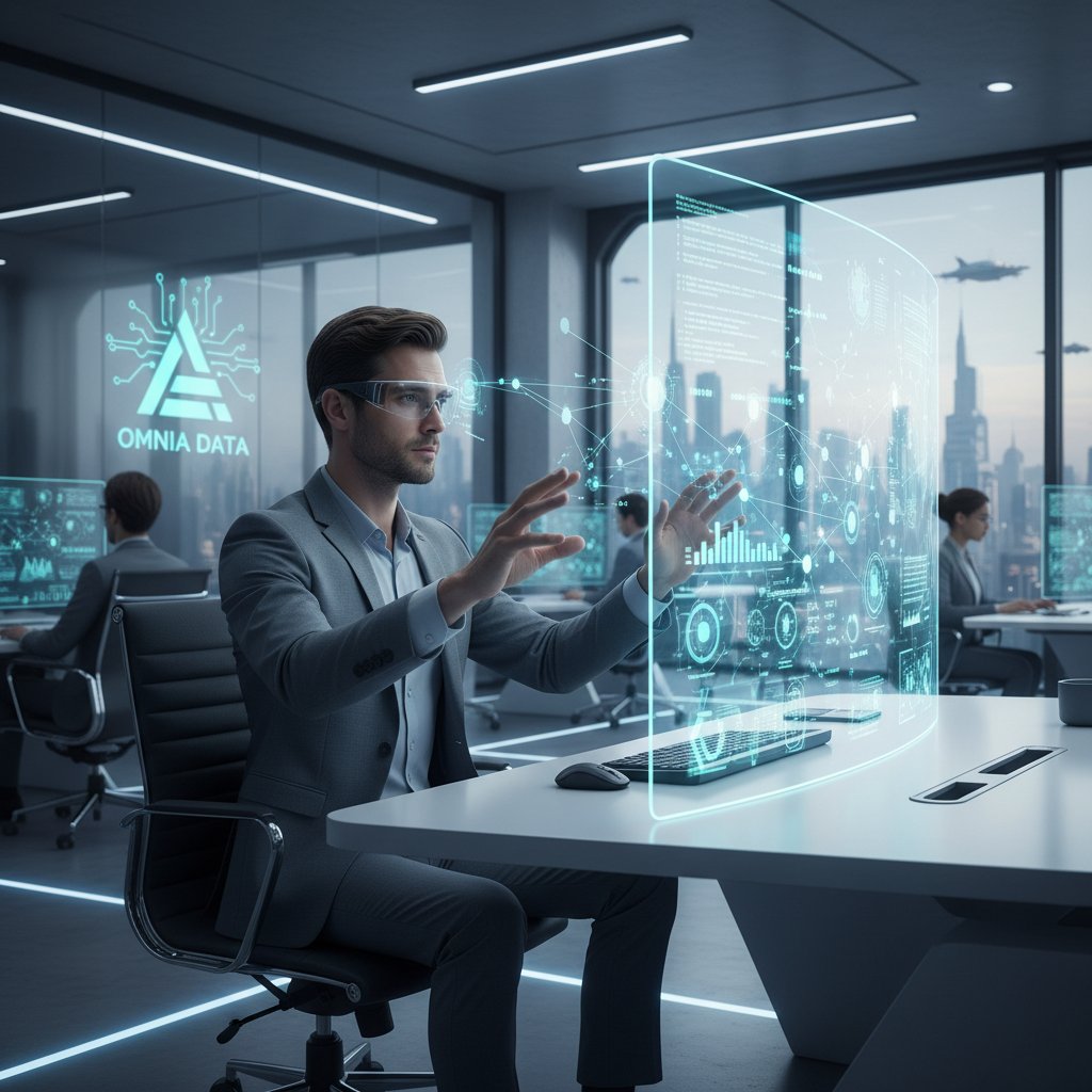 Osoba analizująca dane AI na dużym ekranie, nowoczesna scena biurowa