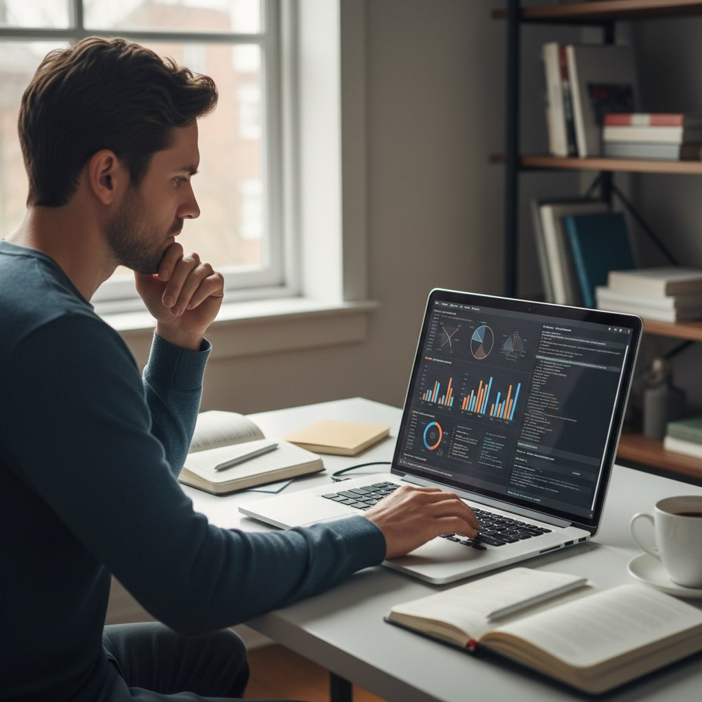 Osoba analizująca wyniki testu AI na laptopie, symbolizująca krytyczne podejście do oceny świadomości AI