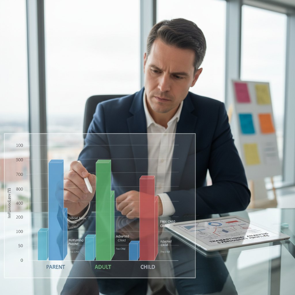 Zdjęcie młodej osoby analizującej wykres słupkowy symbolizujący pięć stanów ego, rozwój osobisty