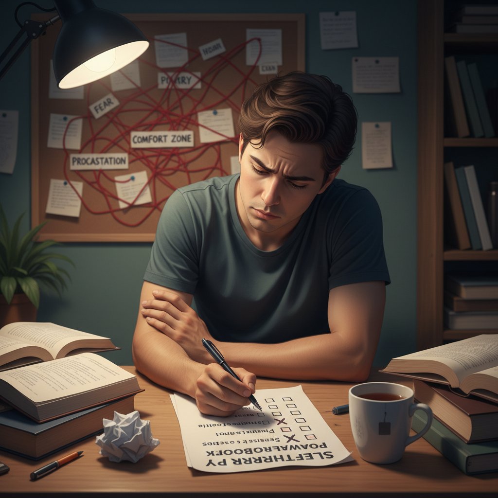 Osoba analizująca checklistę na laptopie, autodiagnoza i samodzielna praca z oporem