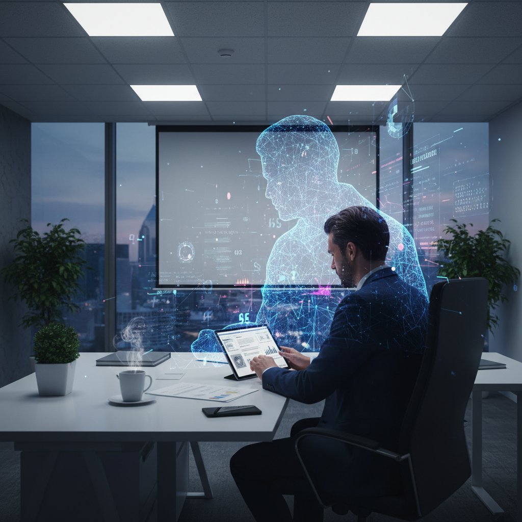 Osoba analizująca aplikację kredytową na laptopie, sylwetka AI w tle, biurowe światło