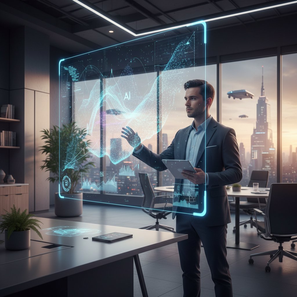 Osoba analizująca dane na laptopie obok ekranu z wizualizacją AI w biurze