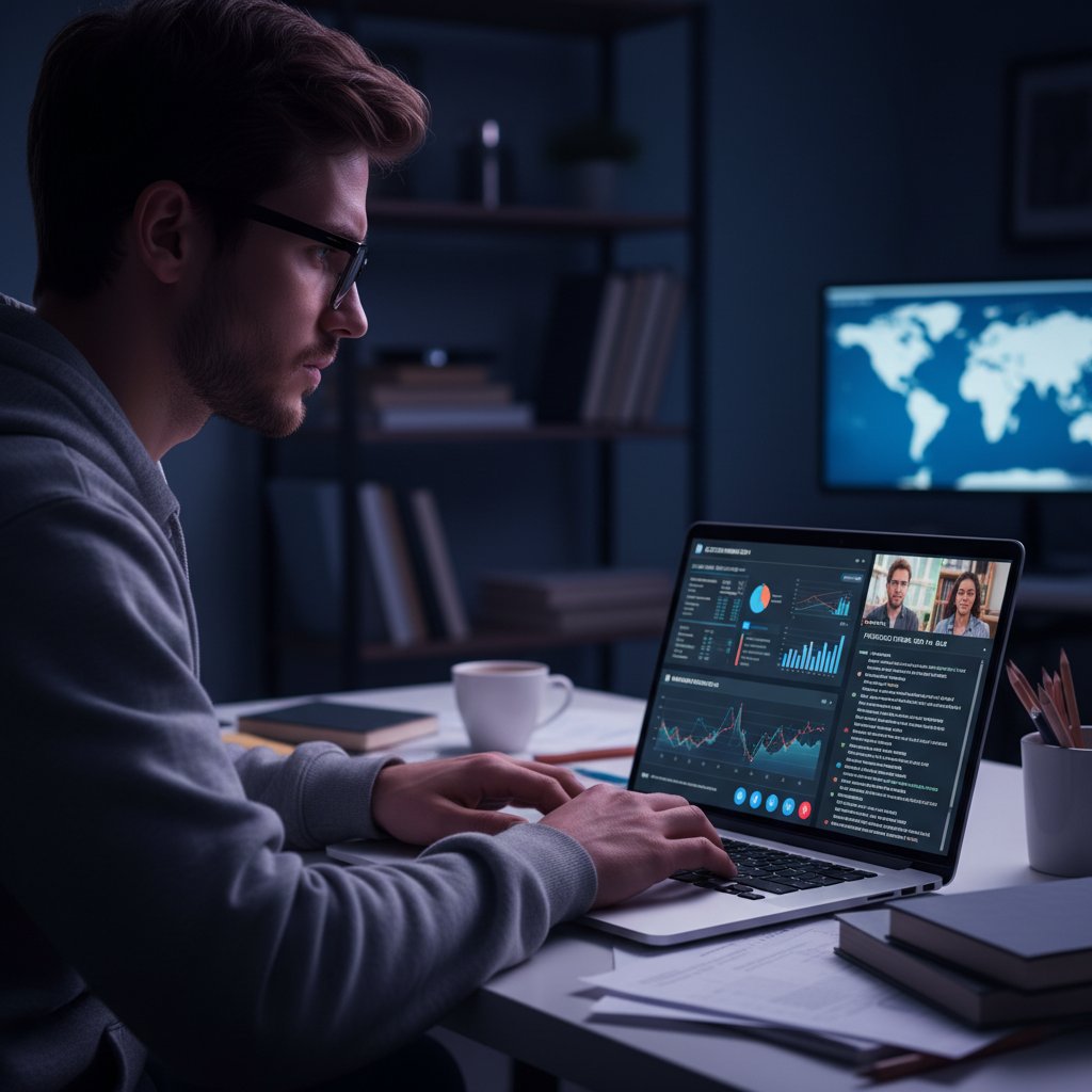 Osoba analizująca dane na ekranie laptopa podczas debaty online – filozoficzny przewodnik AI