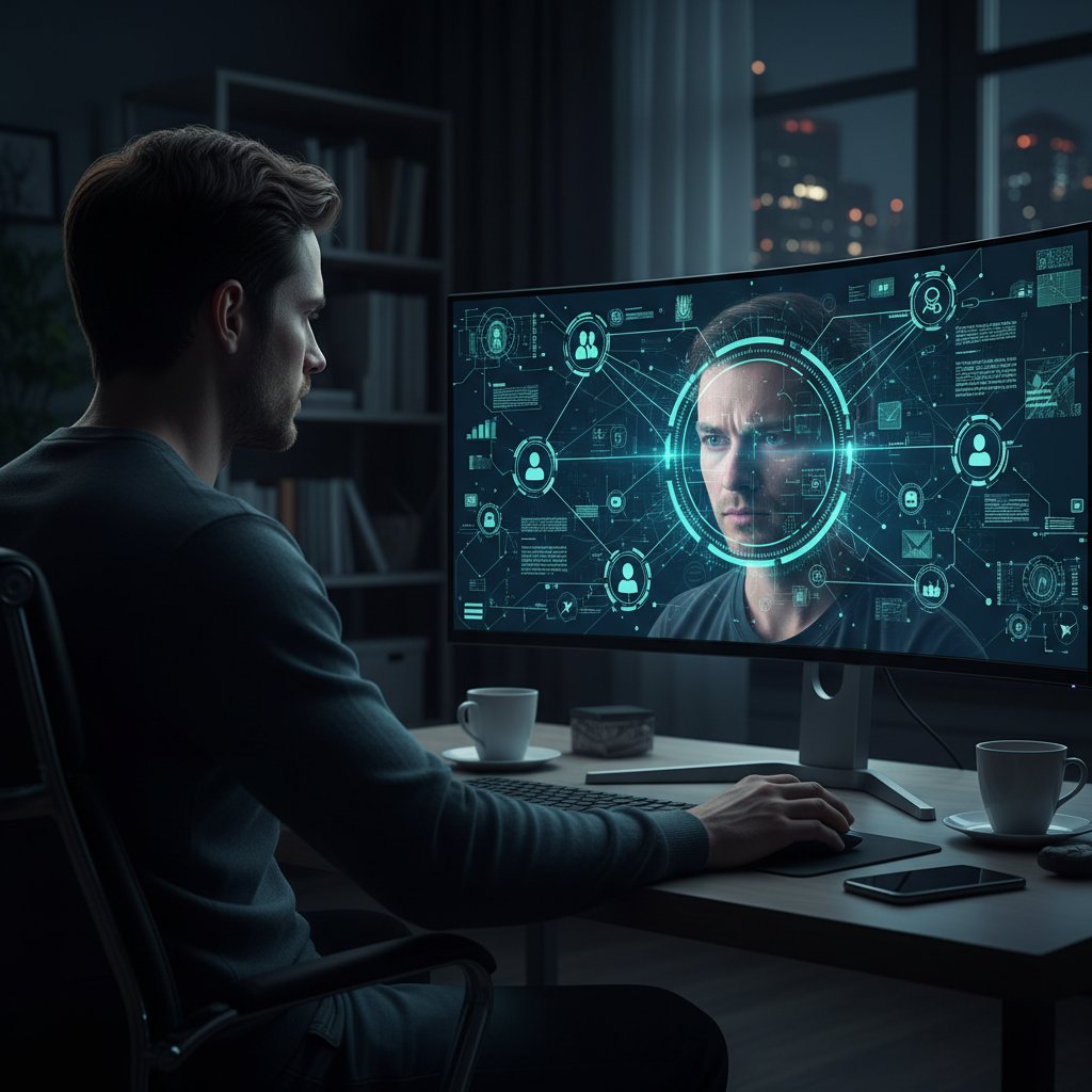 Osoba analizująca swoją cyfrową tożsamość na ekranie komputera, zastanowienie i refleksja