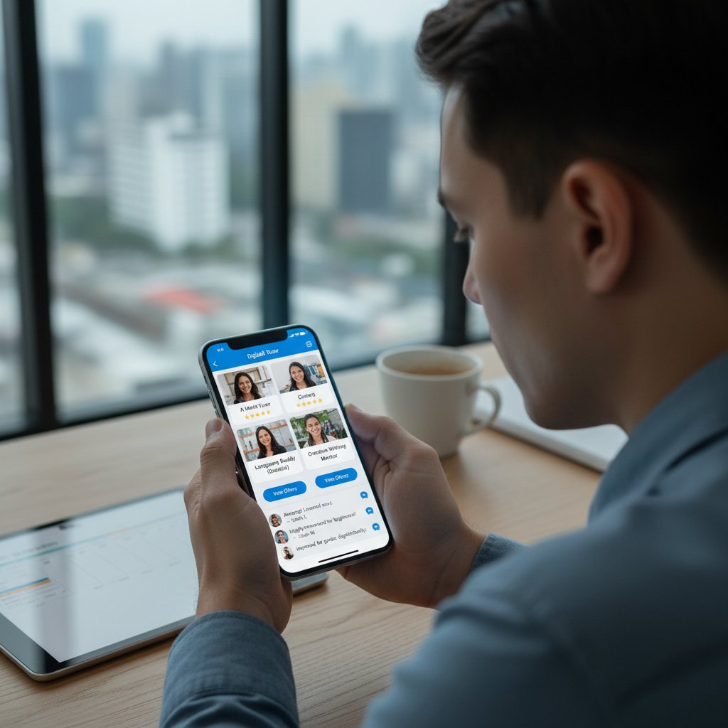 Osoba analizująca oferty korepetytorów cyfrowych na telefonie, ekran z recenzjami