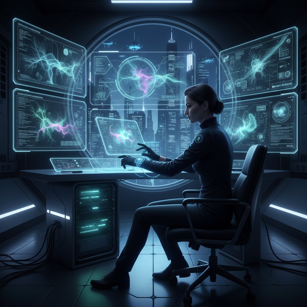 Osoba analizująca dane snu na ekranie komputera w nowoczesnym, ciemnym pokoju