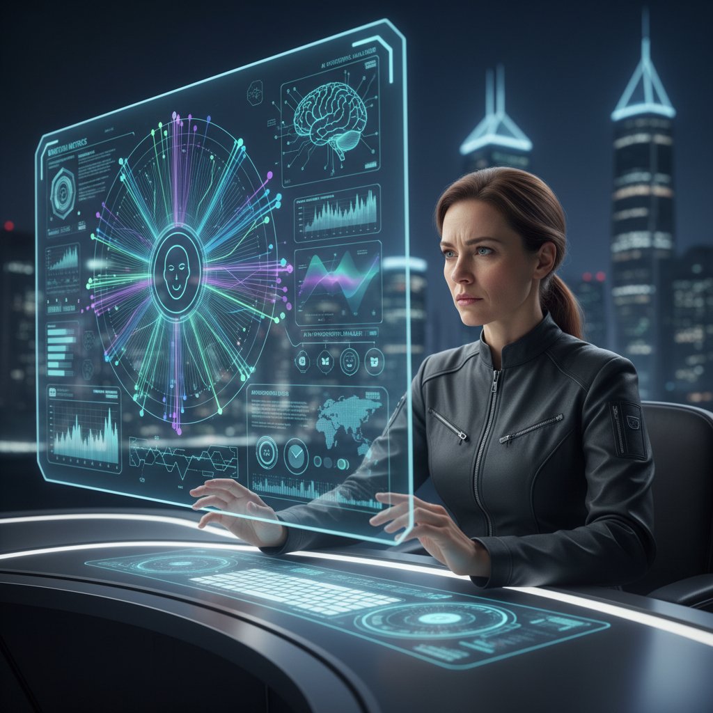 Zdjęcie przedstawiające osobę analizującą wykres emocji na komputerze z pomocą AI, słowa kluczowe: psychometria, emocje, sztuczna inteligencja