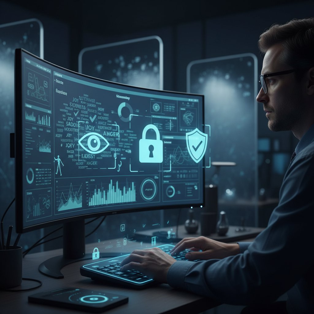 Osoba analizująca dane emocjonalne na ekranie, otoczona ikonami prywatności