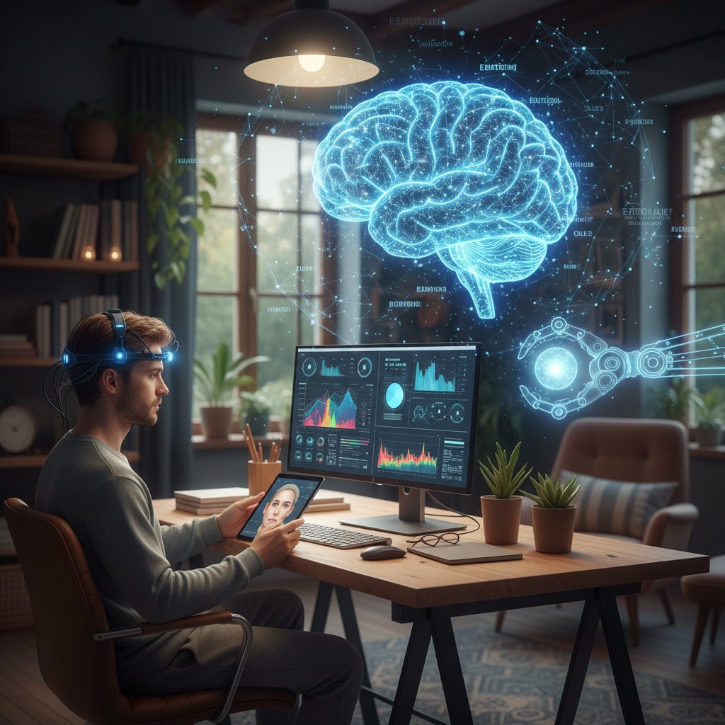 Osoba analizująca własne reakcje emocjonalne przed komputerem, AI w tle, domowe otoczenie