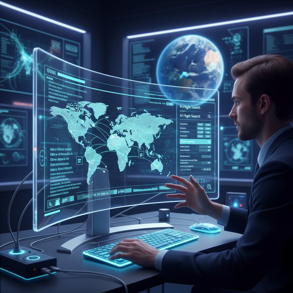 Osoba analizująca dane lotów na ekranie komputera, sztuczna inteligencja, słowa kluczowe: AI, analiza cen, loty lotnicze