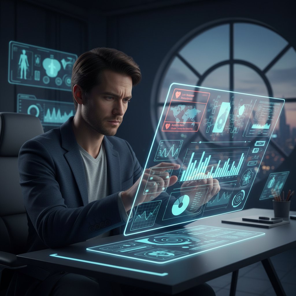 Osoba analizująca dane zdrowotne na tablecie, wykresy i alerty na ekranie