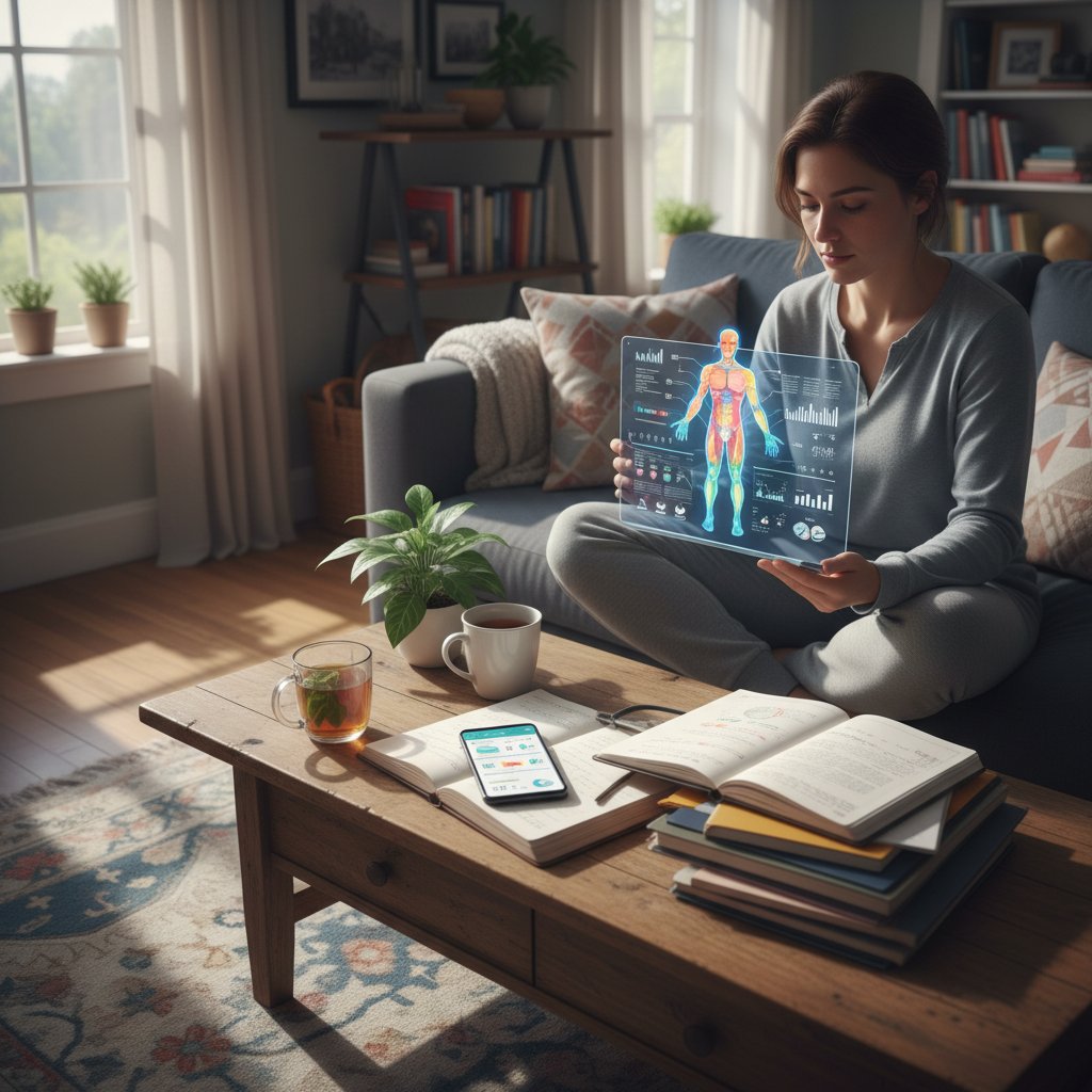 Osoba analizująca mapę zdrowia, notatki i aplikacja na telefonie, domowa atmosfera