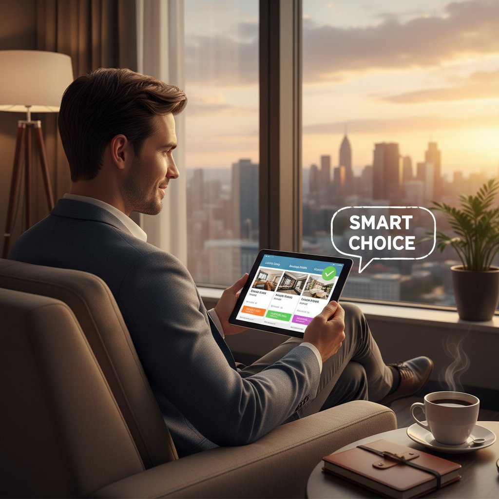 Osoba analizująca oferty hotelowe na tablecie, świadome decyzje zakupowe
